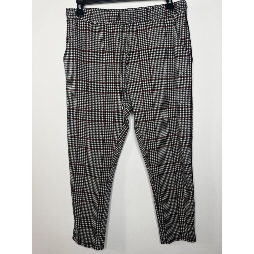 Anthropologie Plaid Jogger Pants Black White Red Glen Check Drawstring Medium